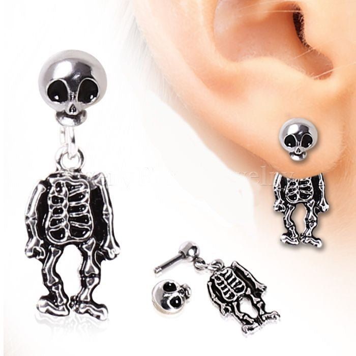 Silver skeleton skull dangle earrings with a two-piece design featuring a skull top and skeleton body, hypoallergenic surgical steel, for gothic or Halloween style - SKU: CTS089-S