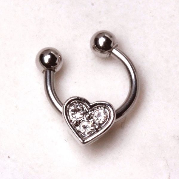 Horseshoe cartilage earring with gemmed heart design, made of surgical steel, featuring clear CZ stones, perfect for helix piercings.