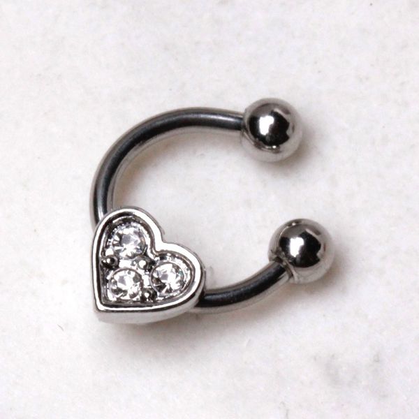 Horseshoe cartilage earring with gemmed heart design, made of surgical steel, featuring clear CZ stones, perfect for helix piercings.